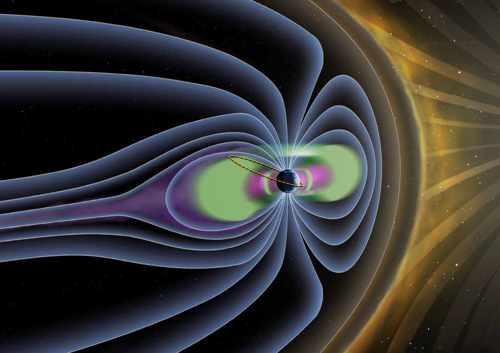 Artist's rendering of interaction between the Earth's magnetosphere and the solar windの写真