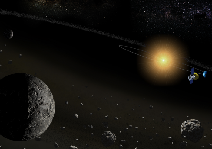 Figure 1: An artist's illustration of the near-infrared spectroscopic observation of asteroids with the infrared satellite AKARI.
