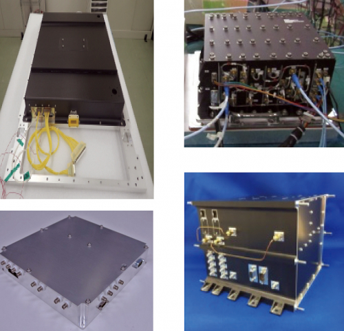 図３　上段左：蓄熱板を兼ねた衛星構体に実装されたＸ帯１kW電力増幅器