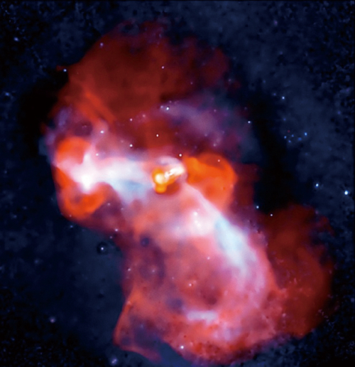 図2　おとめ座銀河団の中心楕円銀河M 87のX線（青）および電波（赤）の合成画像