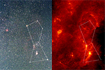 「あかり」による波長140μmで見たオリオン座（右）と冬の天の川（左：光学写真提供:国立天文台 福島英雄）