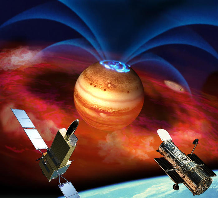 惑星分光観測衛星「ひさき」とハッブル宇宙望遠鏡による木星オーロラ観測の想像図