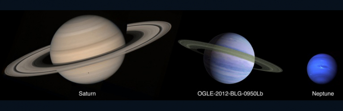 Comparison of Saturn and Neptune to an artist's conception of planet OGLE-2012-BLG-0950Lb. CREDIT: NASA/JPL/GODDARD/F. REDDY/C. RANC
