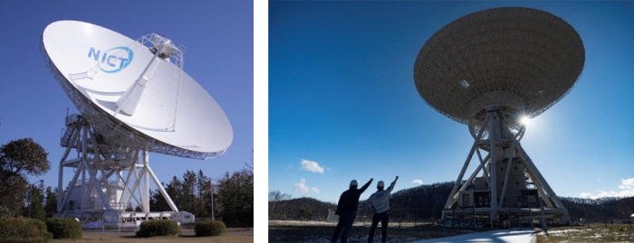 図5　鹿島の34m電波望遠鏡（左、提供：NICT）と臼田の64m電波望遠鏡（右、提供：JAXA）