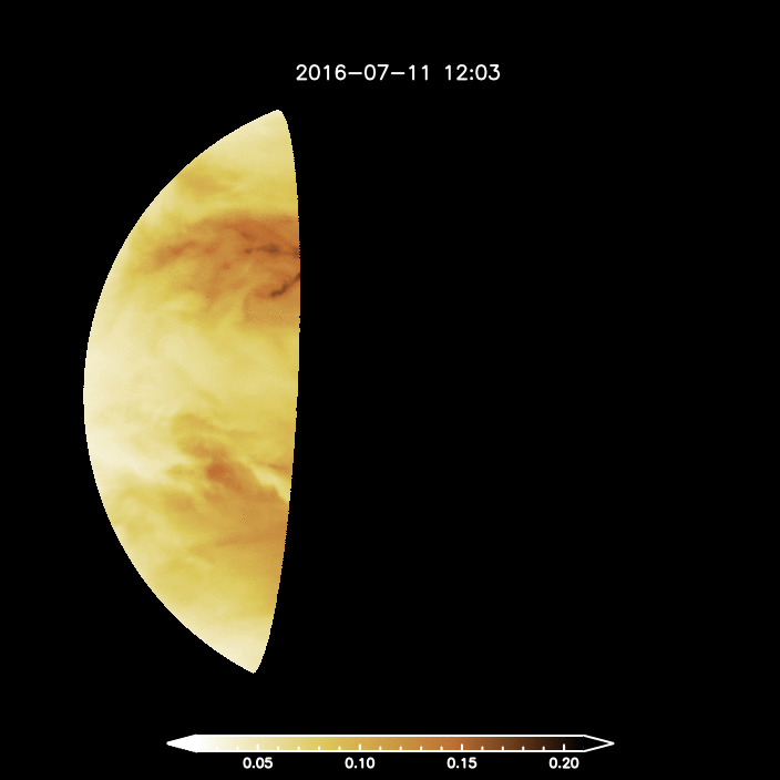 IR2カメラが撮影した金星の疑似カラー画像をアニメーションにしたもの。撮影期間は2016年7月11日から12日。