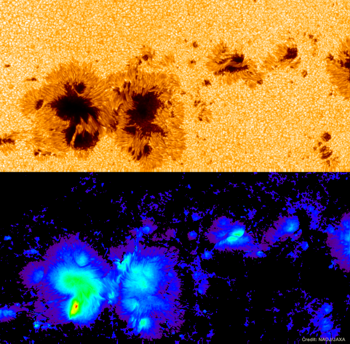 Snapshot of a sunspot observed by the Hinode spacecraft. 