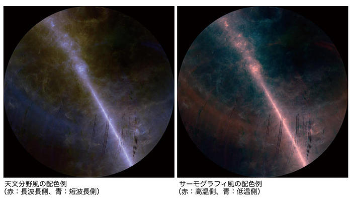 あかり全天観測データを天文分野風の配色とサーモグラフィ風の配色で画像化した２つの画像