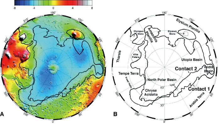 図１　火星の北極側からみた地形図