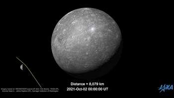 ベピ・コロンボ探査機から見た一回目の水星のスイングバイの想像図　- Artist impression of the view of the first Mercury swing-by as seen from BepiColombo -の写真