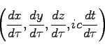 \begin{displaymath}
\left(\frac{dx}{d\tau}, \frac{dy}{d\tau}, \frac{dz}{d\tau}, ic
\frac{dt}{d\tau}\right)
\end{displaymath}