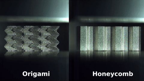 折り紙とハニカム構造に同じ衝撃を与えたときの様子