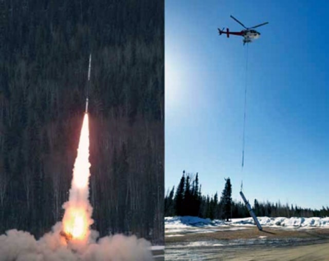 日米共同の観測ロケット実験FOXSI-4の打上げ（左）と観測装置の回収（右）の写真