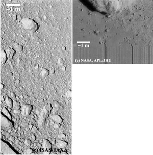 図2：　イトカワとエロス：二つのS型小惑星表面の高分解能接近画像の比較。 （左）2005年11月12日、ISAS/JAXAのはやぶさ探査機が高度約160mから撮像した 小惑星イトカワの「ミューゼスの海」と岩石地域の境界。 （右）2001年2月12日にNASA＆APL/JHUの二ア・シューメイカー探査機が 小惑星エロス表面に到達する前に撮像した最後の画像。縮尺はほぼ同じ。 （左図は、ONC-T全視野の1/4だけを切出している。）