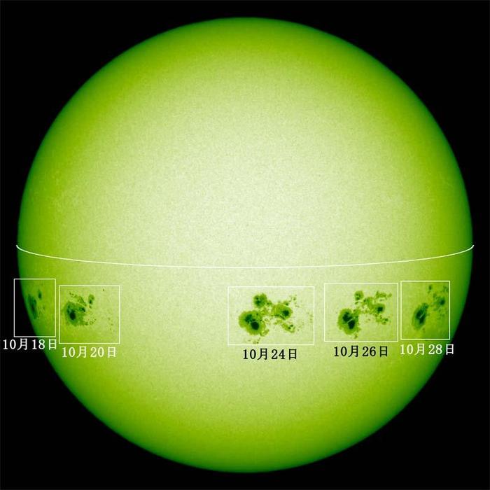 国立天文台太陽観測所のフレア望遠鏡が撮影した2014年10月18日から28日の連続光全面像。大黒点群の５日の変化がわかる。