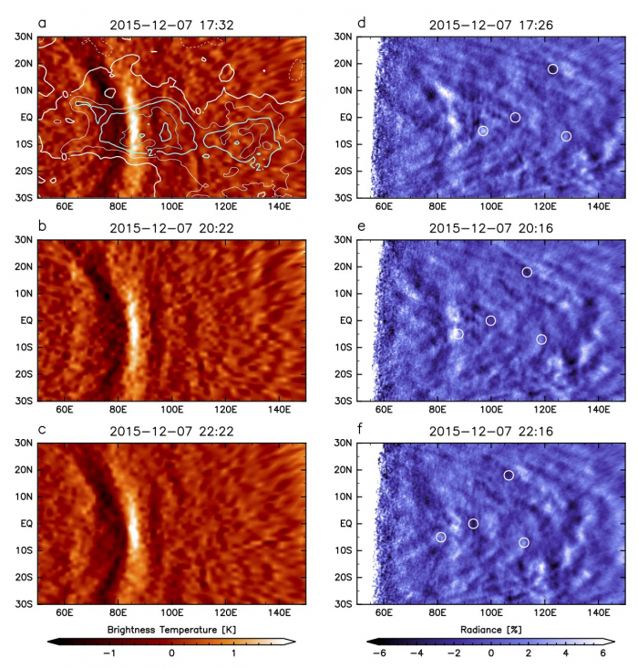 図2：2015年12月7日のLIR観測画像に画像処理を施し、弓状の模様を強調し、地形上にマッピングしたもの（地形の等高線の間隔は1 km）。観測された構造が高地（アフロディーテ大陸の西部）の上空に出現していることが分かる。 