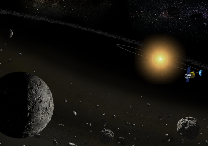 図1. 赤外線天文衛星「あかり」による小惑星の近赤外線分光観測のイメージ図。