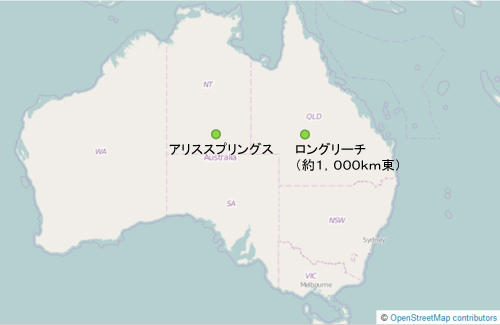 実験場所のアリススプリングス気球放球基地の位置を示すオーストラリアの地図