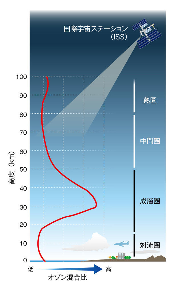 オゾンの典型的な高度分布を示したグラフ