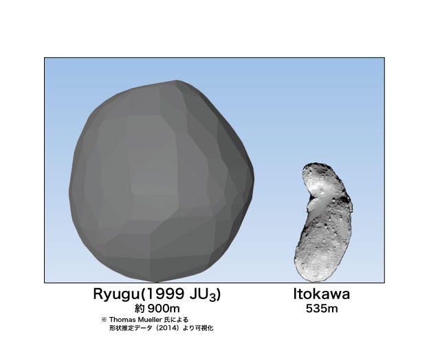 「Ryugu」の想像図に同縮尺のイトカワを並べた図