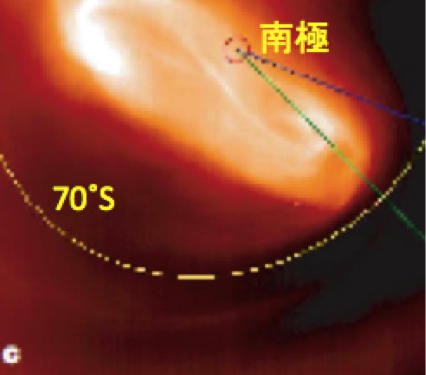 Venus Expressの赤外線カメラで観測された金星南極域の気温分布の図
