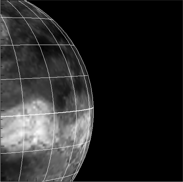 IR1（1μmカメラ）が撮影した領域のシミュレーション画像。地形データの高低を明暗で表現している。