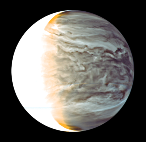 図2：IR2によって得られる金星夜面の雲の模様の疑似カラー画像